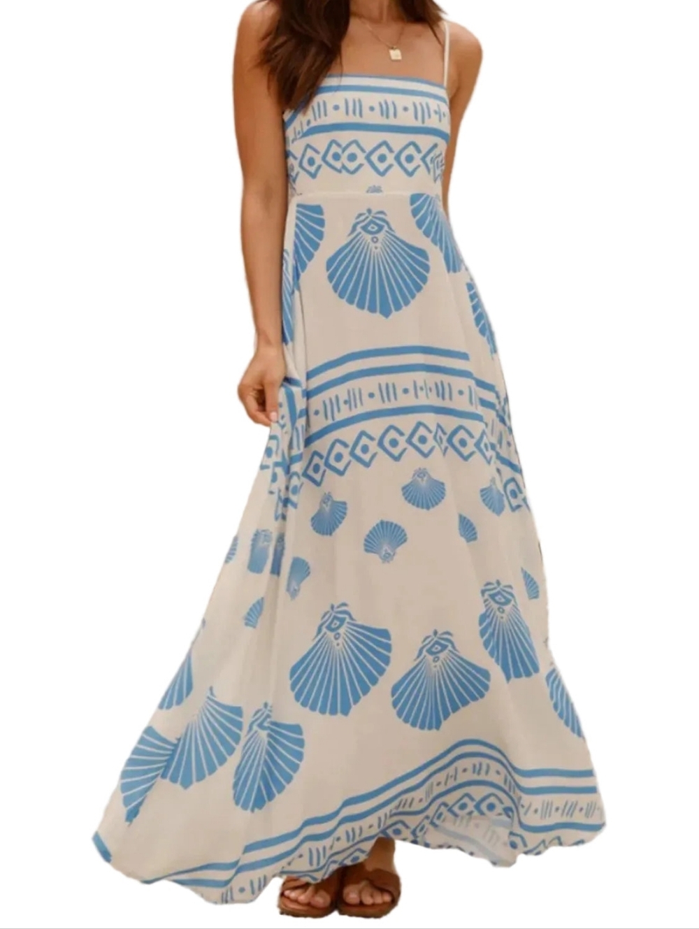 Coastal Seashell Side Pocket Sleeveless Smocked Back Island Beachy Maxi Dress - Picture 13 of 13